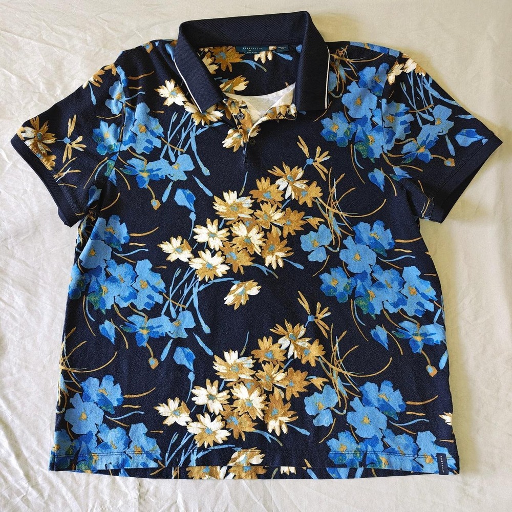 Perry Ellis Pima Cotton Blend Floral Polo Shirt Mens XXL Dark Sapphire Blue Golf